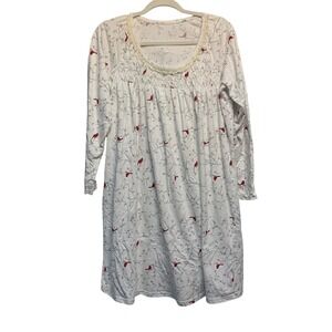 Secret Treasures Cardinal Print Nightgown Womens Small White Red Smocked Lace